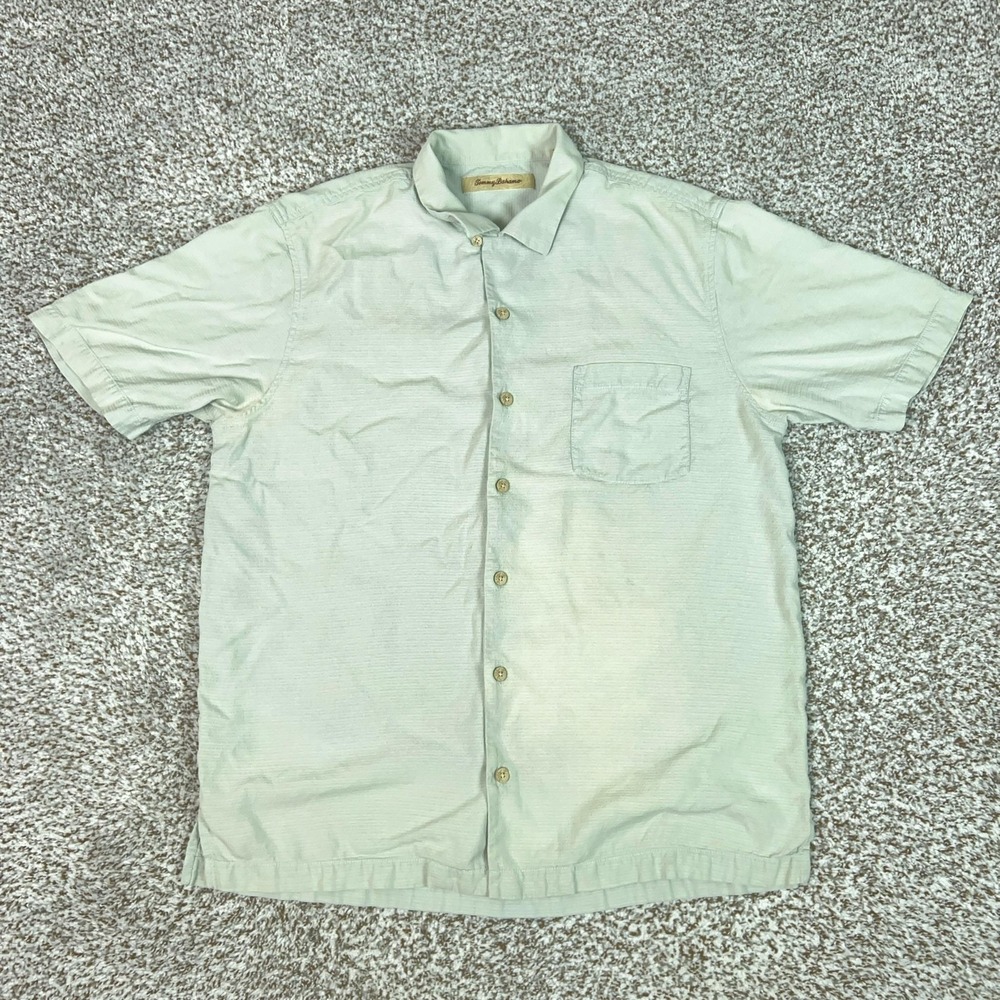 Tommy Bahama Mens Shirt Medium Green Silk Striped Button Casual Beach Top Loop